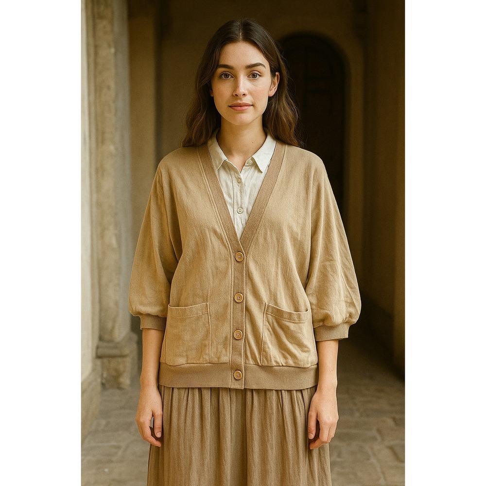 Vintage‎ SENECA Top Beige Knit V Neck Button Front Short Sleeve Pockets Size 5/6